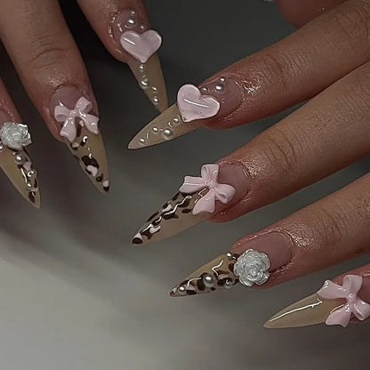 Blushimmer 3D bowknot pearl fashion leopard French nude almond fake nails with detachable design and intricate nail art.