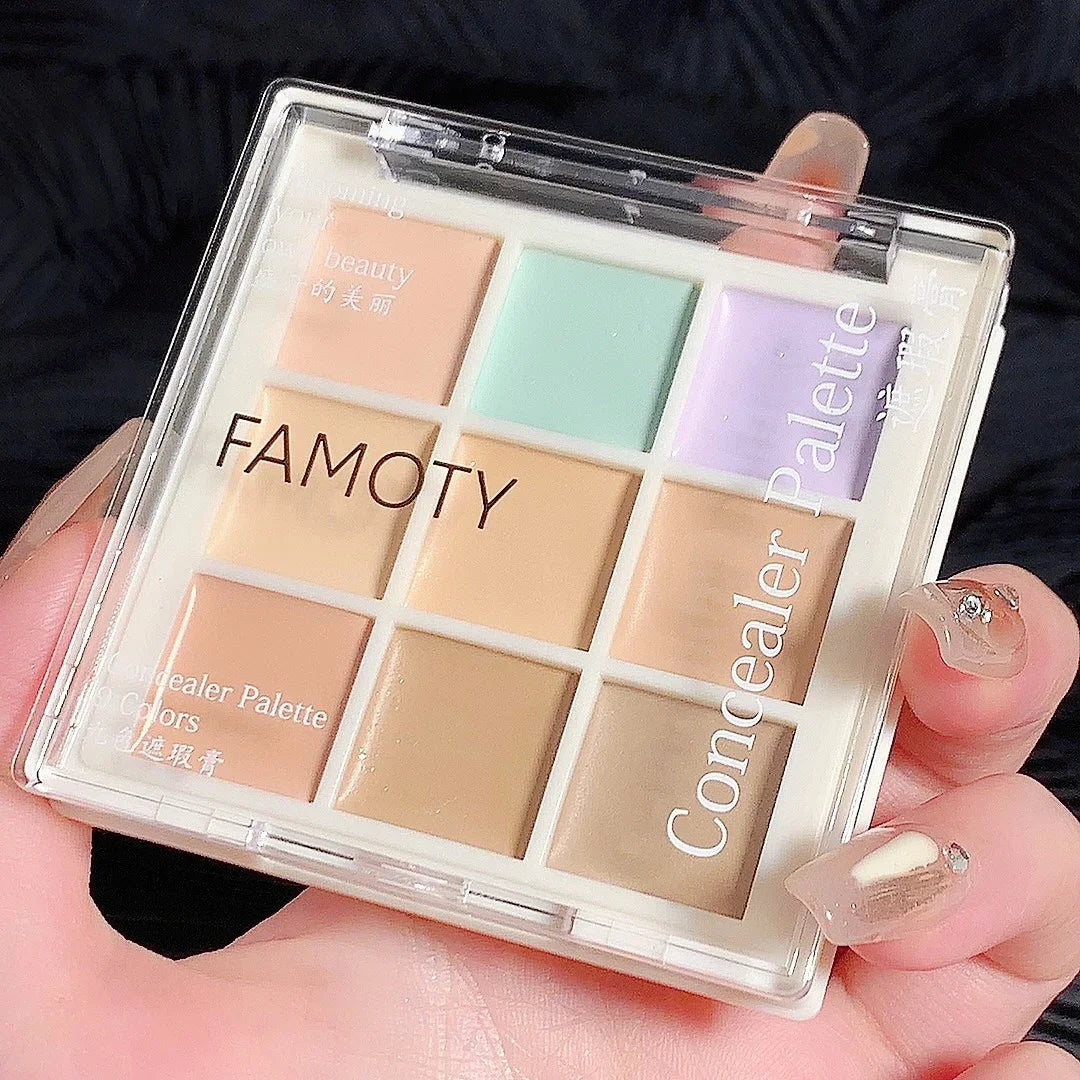 Blushimmer 9-color concealer palette with shades for freckles, acne marks, dark circles, and tear troughs on skin.