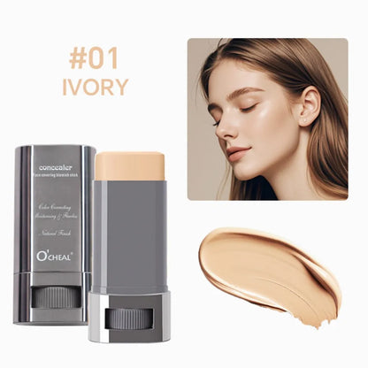 Blushimmer stick foundation balm with high coverage, smooth texture, travel-friendly bronze skin tint, and plumping serum formula.