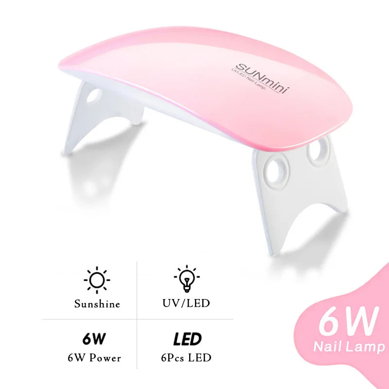 Set of six Blushimmer extension nail polymer gels in 15ML bottles with a mini UV/LED lamp for manicure extension and nail art.