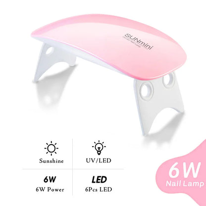 Set of six Blushimmer extension nail polymer gels in 15ML bottles with a mini UV/LED lamp for manicure extension and nail art.