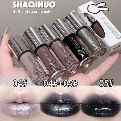 Black Rabbit Gothic silver metallic lip gloss by Blushimmer with a black mirror finish, translucent water-based lip lacquer, non-sticky gloss