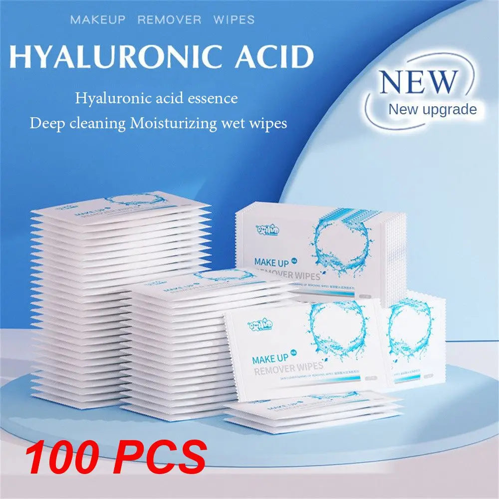 Set of 1, 5, or 10 Blushimmer hyaluronic acid makeup remover wet wipes for gentle eye, lip, and face makeup removal.