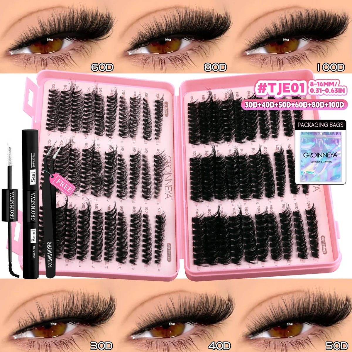 Blushimmer GROINNEYA lash clusters kit with wispy eyelash clusters, lash bond, and seal for DIY eyelash extension at home