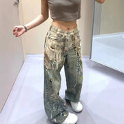 Fashionable Niche 3D Printed Lace Pearl Print Chain Straight Long Pants for Women, Fashion Denim Trousers, Street Jeans Ladies