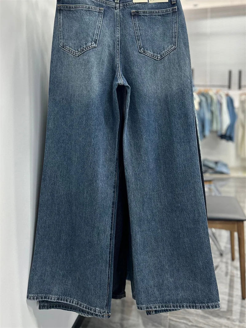 Women Denim Pants Waiveless Design Loose Lady Slightly Flared Straight Long Jeans 2025 Autumn