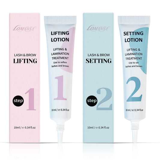 Blushimmer LOMANSA 10ml Fix Perming Tube Set for lash lift and brow lamination, with lotion bottles and applicators.