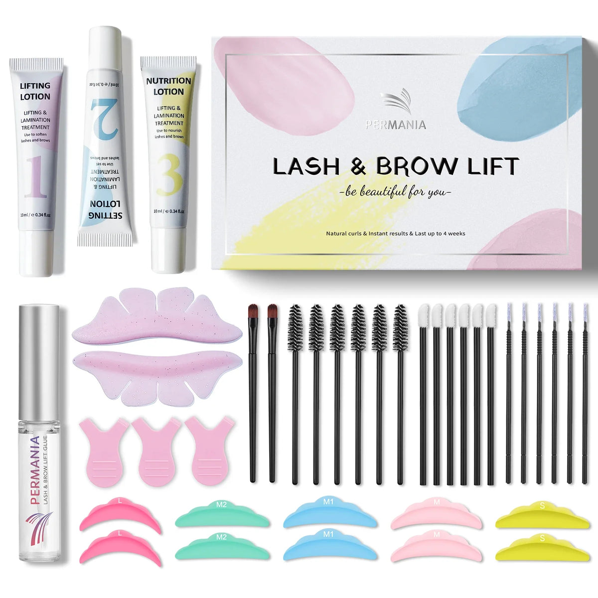 Blushimmer Permania Lash Lift and Brow Lamination Kit with eyelash perm tools and solutions for professional lash and brow styling.