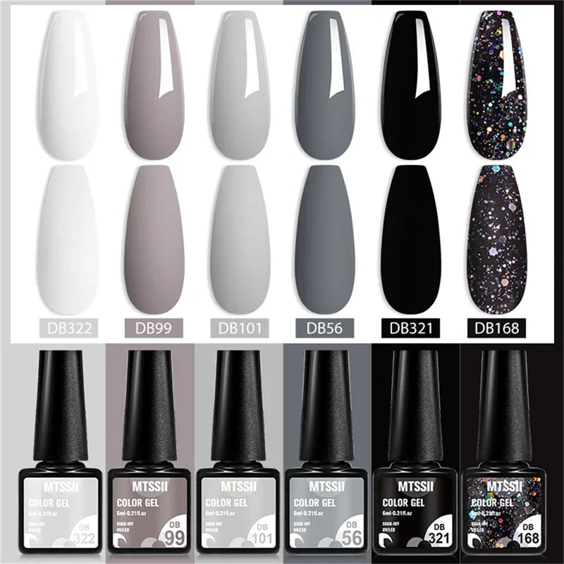 Set of six Blushimmer sparkly red gel nail polishes with shiny finish, ideal for LED and UV gel nail art and manicure applications.
