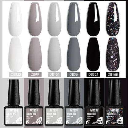 Set of six Blushimmer sparkly red gel nail polishes with shiny finish, ideal for LED and UV gel nail art and manicure applications.