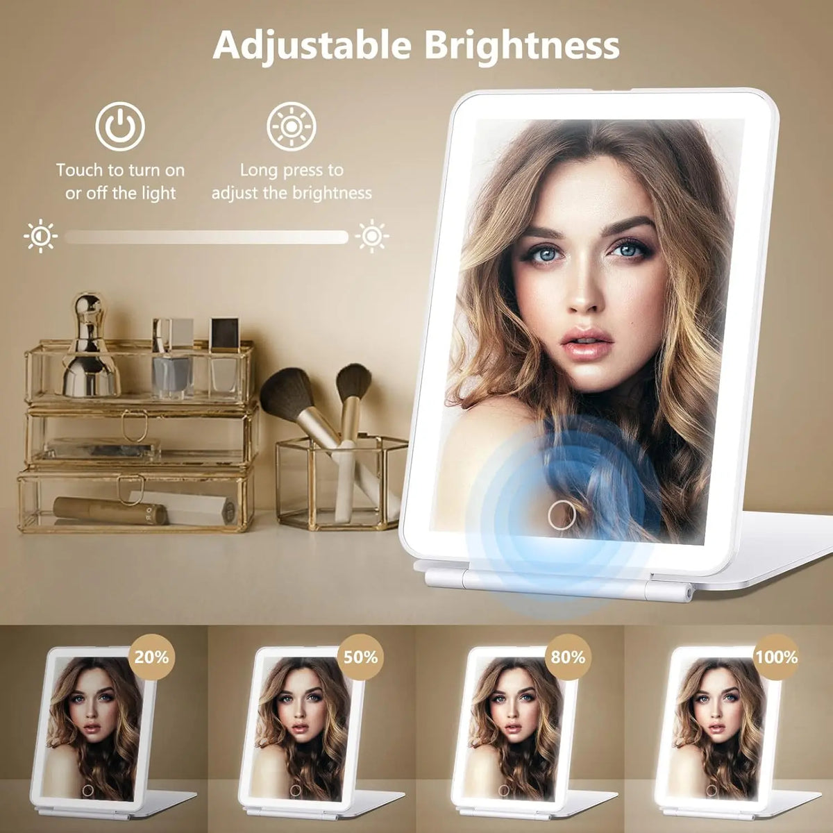 Blushimmer LED folding travel makeup mirror with three light modes, USB rechargeable, portable touch screen tabletop cosmetic mirror