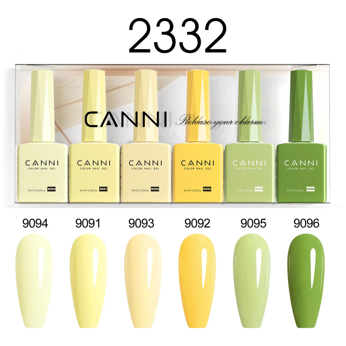 Blushimmer 6-pack 9ml CANNI HEMA-free nail gel polish set with vibrant semi-permanent colors for UV and LED gel nails.