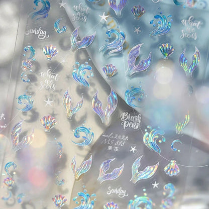 5D Metal Fish Nail Art Stickers Tiny Ocean Shoal of Fish Foil Waves Summer Beach Self Adhesive Decoration Manicure Decal DIY