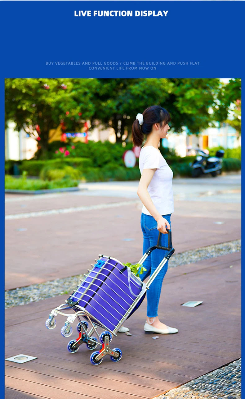 Grocery Cart Portable Aluminum Alloy Shopping Folding Trolley Big Capacity Lightweight Step Climbing Folded Trolley