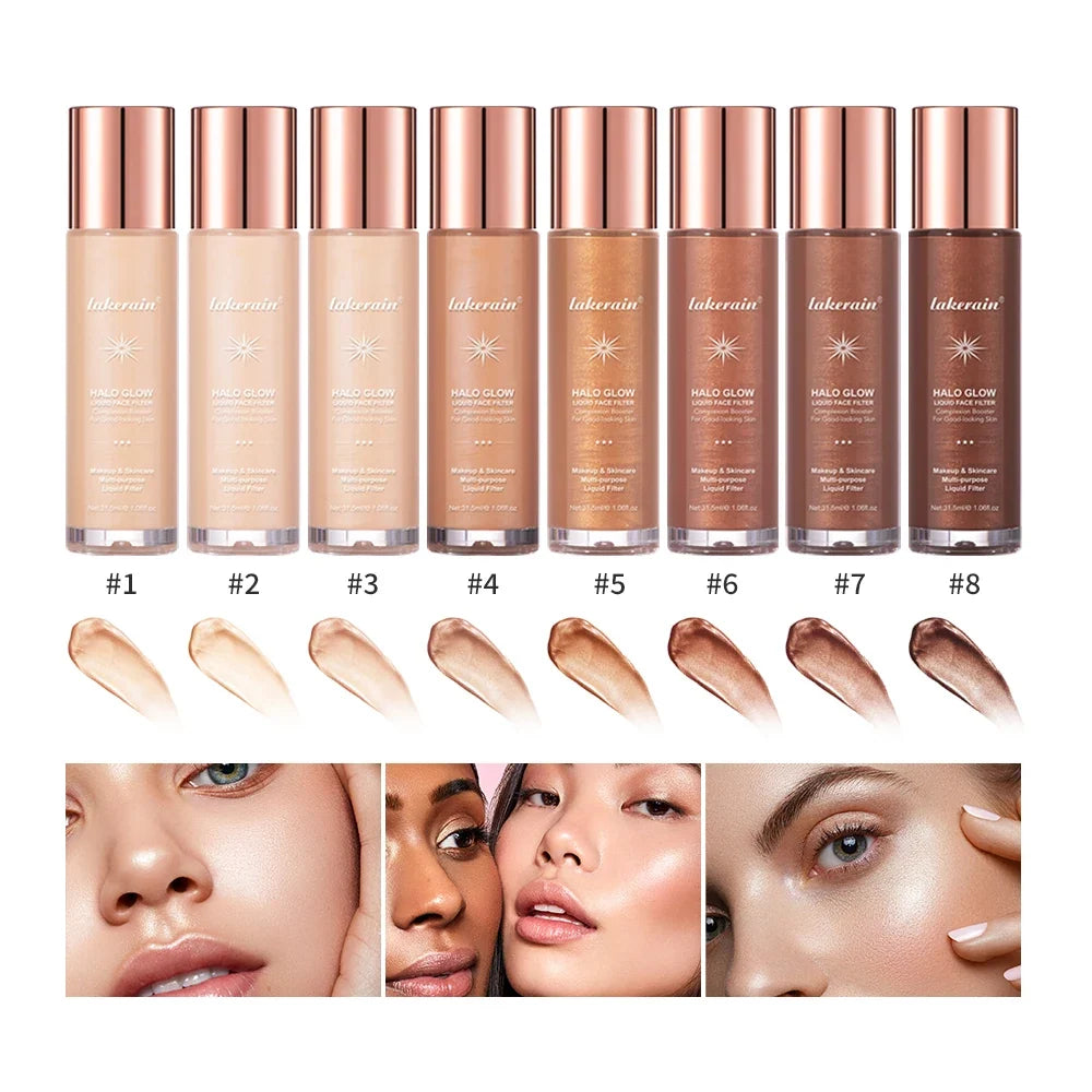 Blushimmer Halo Glow Liquid Highlighter in pearlescent shade, featuring a liquid face contour and body shimmer for radiant glow
