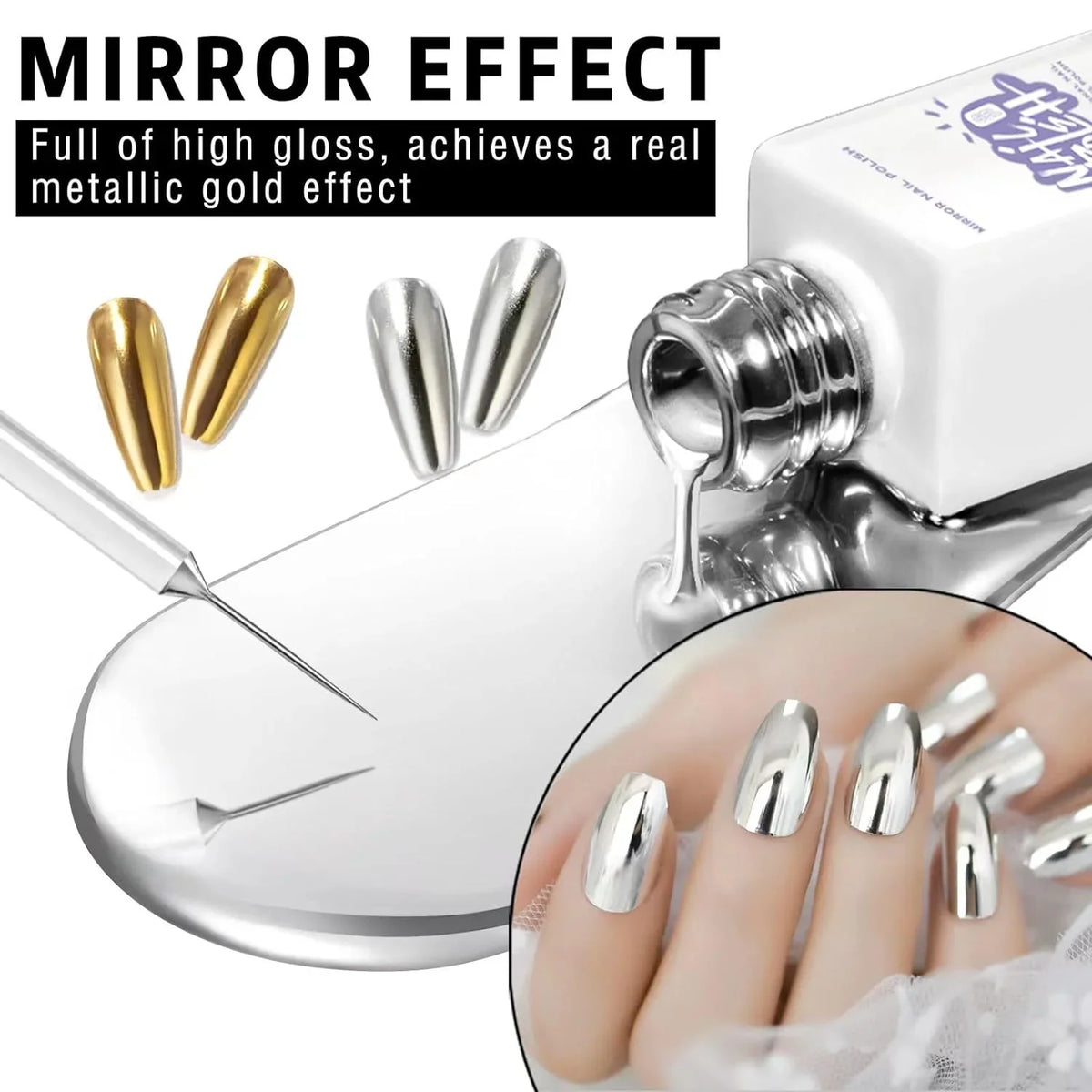 Blushimmer metallic nail gel in silver and gold, 5/8/10/12ml, with mirror chrome effect for UV/LED nail art and drawing.