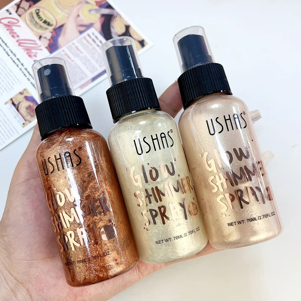 Blushimmer liquid bronzer highlighter setting spray with illuminating shimmer and contouring for radiant face glow makeup.