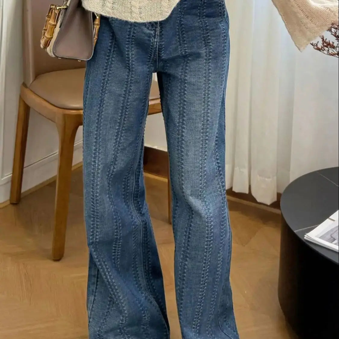 Blue Casual Heavy Craftsmanship High Waist Wide Leg Jeans For Women 2025 New Version, Good-Looking Straight Leg Pants