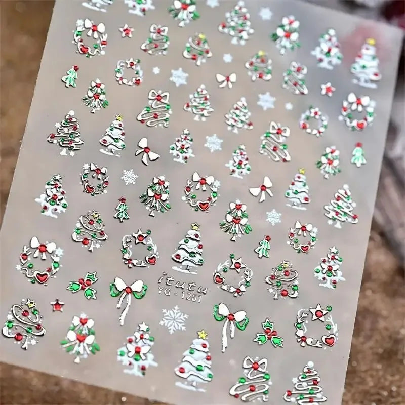 Silver Christmas snowflake nail stickers by Blushimmer, self-adhesive winter manicure decals with snowflake and Christmas tree designs.