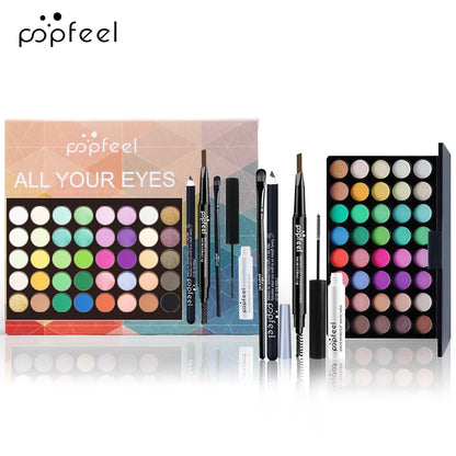 Blushimmer all-in-one makeup kit with eyeshadow palette, foundation, lip gloss, blush, brushes, and eyeliner in a mixed color paste set.