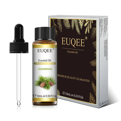 EUQEE 10ml essential oil set with lavender, jasmine, eucalyptus, vanilla, sandalwood, orange, lemon, oregano, and neroli scents.