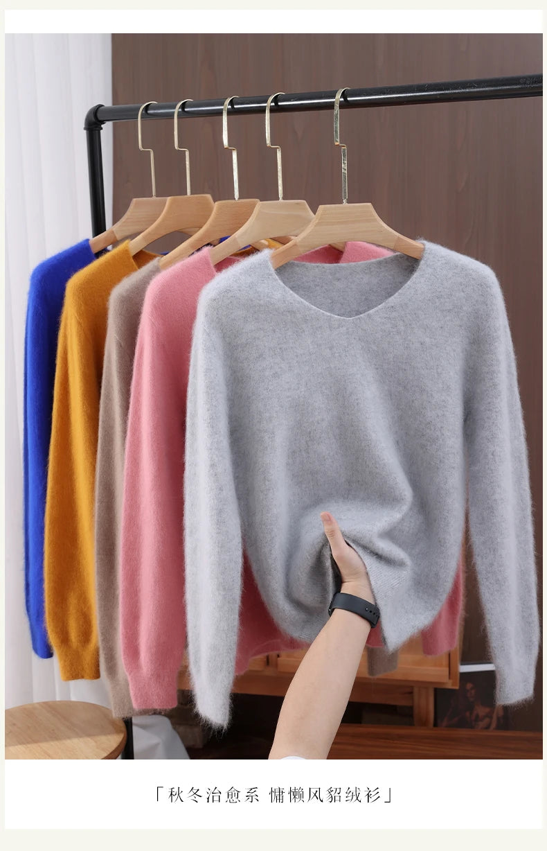 Autumn And Winter New High-End Female Mink Cashmere Sweater Solid Color Long-Sleeved Wool Knit Bottoming Sweater Loose Top