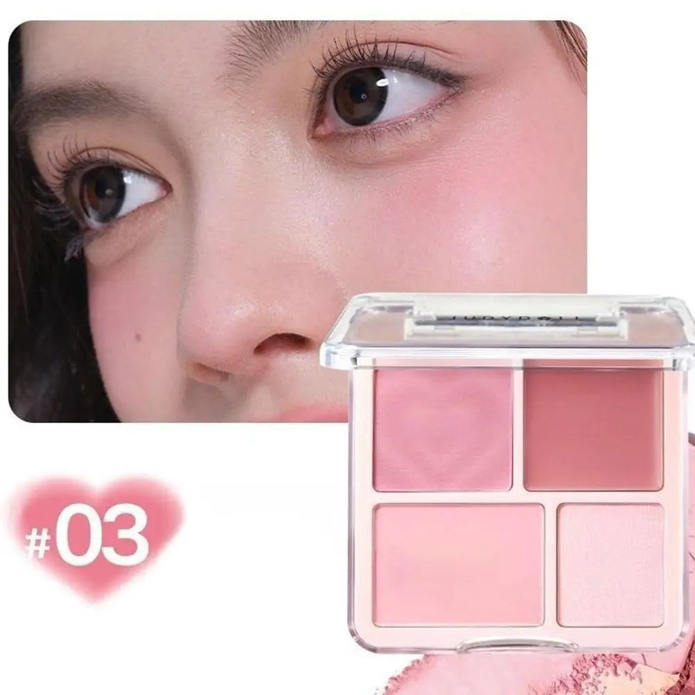 Blushimmer 4-color blush highlighter palette with matte shades for contouring and brightening, featuring smooth Korean makeup textures.