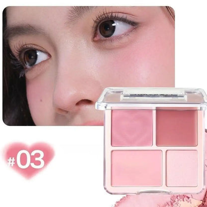 Blushimmer 4-color blush highlighter palette with matte shades for contouring and brightening, featuring smooth Korean makeup textures.