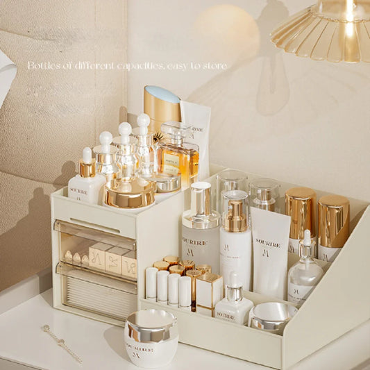 Transparent drawer-style makeup box by Blushimmer with compartments for cosmetics, skincare, and dressing table organization.