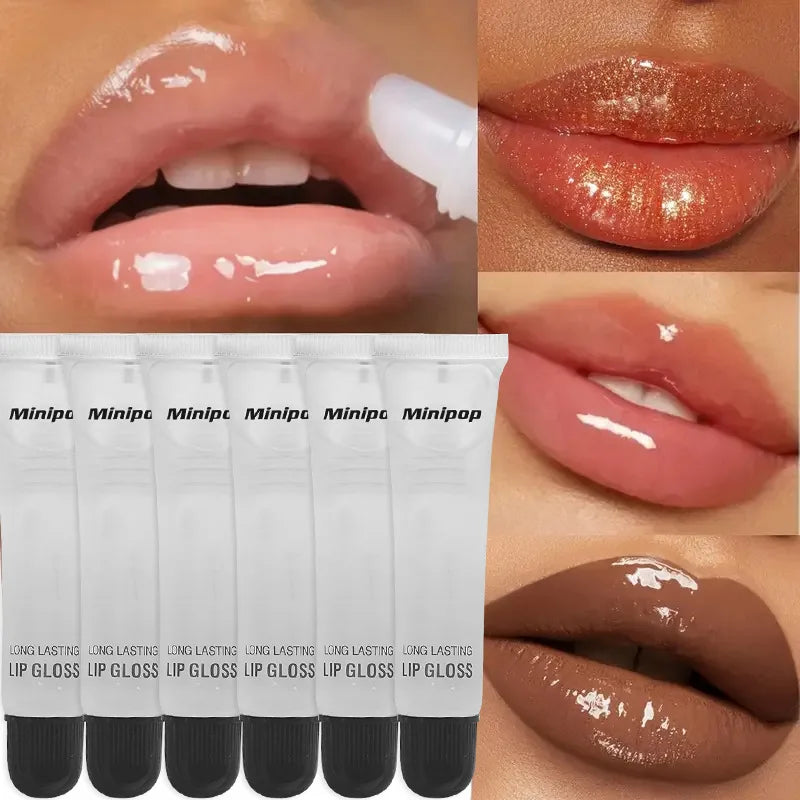 Set of clear lip gloss tubes by Blushimmer featuring long-lasting, hydrating, high-shine finish, non-sticky lip care cosmetics.