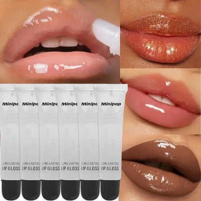 Set of clear lip gloss tubes by Blushimmer featuring long-lasting, hydrating, high-shine finish, non-sticky lip care cosmetics.