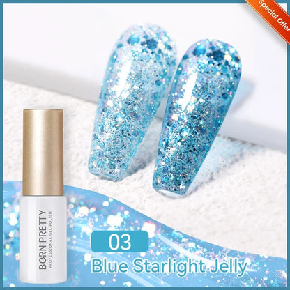 Silver glitter gel nail polish by Blushimmer featuring reflective, sparkling ultra-shine finish in a 10ml bottle for UV nail art.