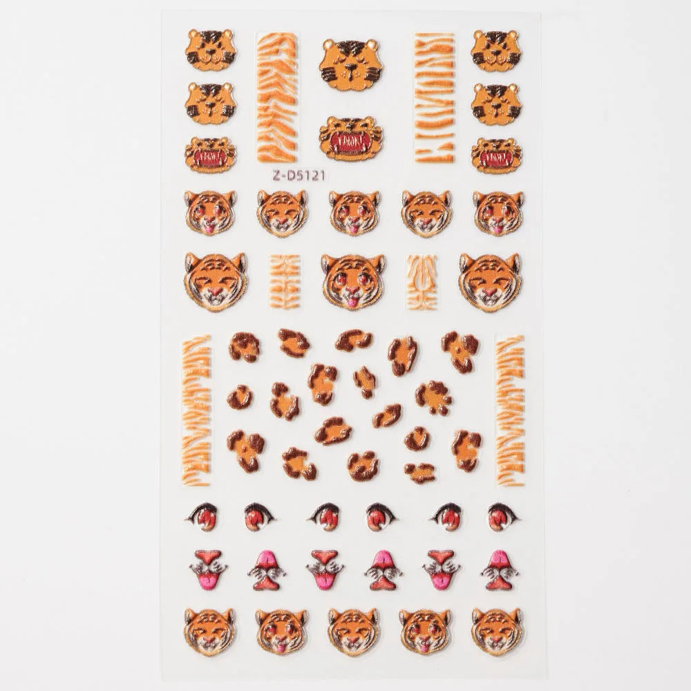 Close-up of Blushimmer Lovely Cat Nail Decals featuring 3D cartoon dog and puppy designs on self-adhesive nail art stickers.