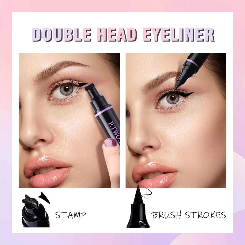Blushimmer PTWOP 2-piece winged eyeliner stamp and liquid pencil set in black, featuring winged eyeliner tools and pen applicator.