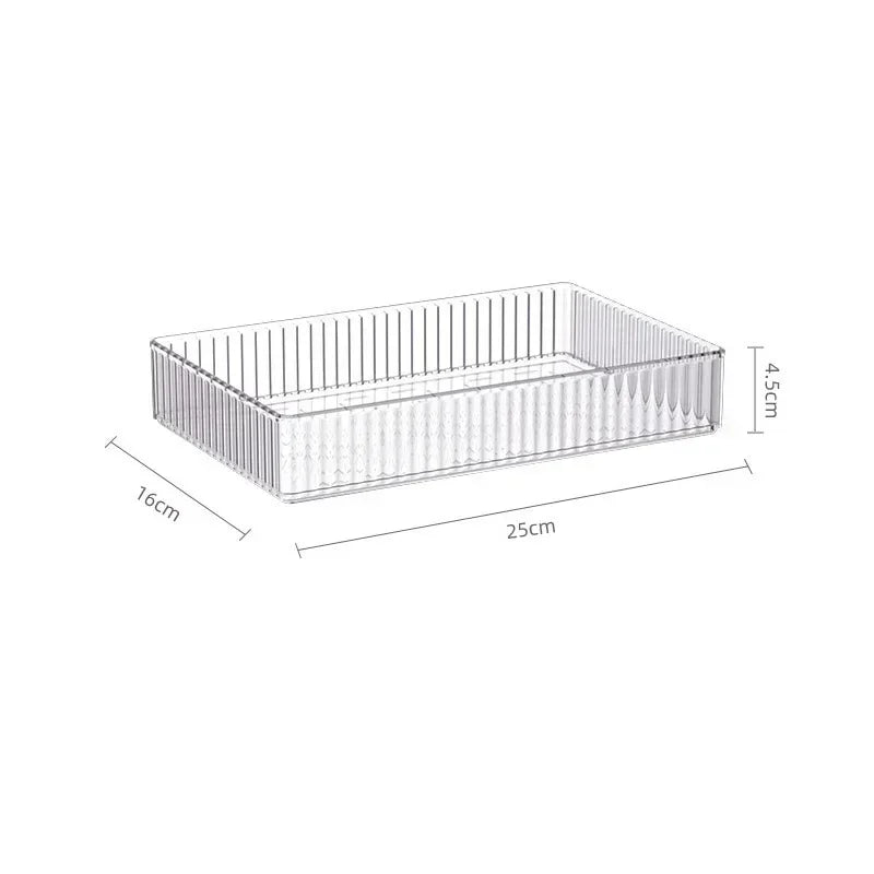 Transparent Blushimmer plastic desk storage box with compartments for jewelry, makeup, and small items, ideal for organization.