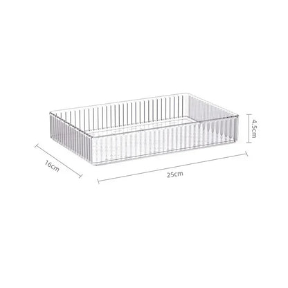 Transparent Blushimmer plastic desk storage box with compartments for jewelry, makeup, and small items, ideal for organization.