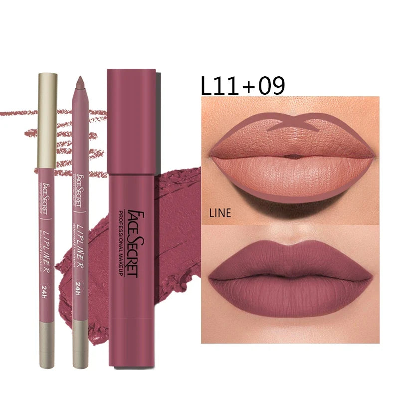 Blushimmer matte lipliner and lipstick set featuring waterproof, long-lasting lip makeup with soft matte color in elegant packaging.