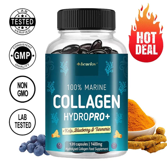 Hydrolyzed Marine Collagen supplement by Silcy Skin, showing the bottle and supplement tablets on a clean surface.