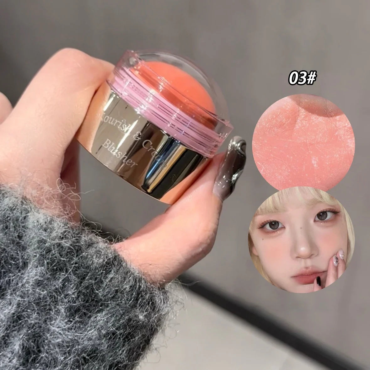 Blushimmer purple creamy blush stick with peach pink tint, soft face blusher for brightening and contouring cheeks.