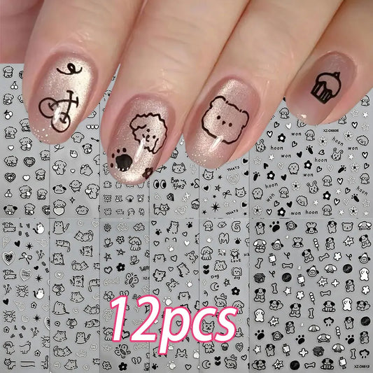 Set of 12 colorful cartoon dog and cat nail art stickers by Blushimmer, self-adhesive 3D graffiti decals for creative nail designs.
