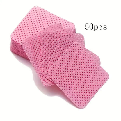 Set of 50 lint-free nail wipes from Blushimmer in white and pink, super absorbent for gel polish removal and nail prep.