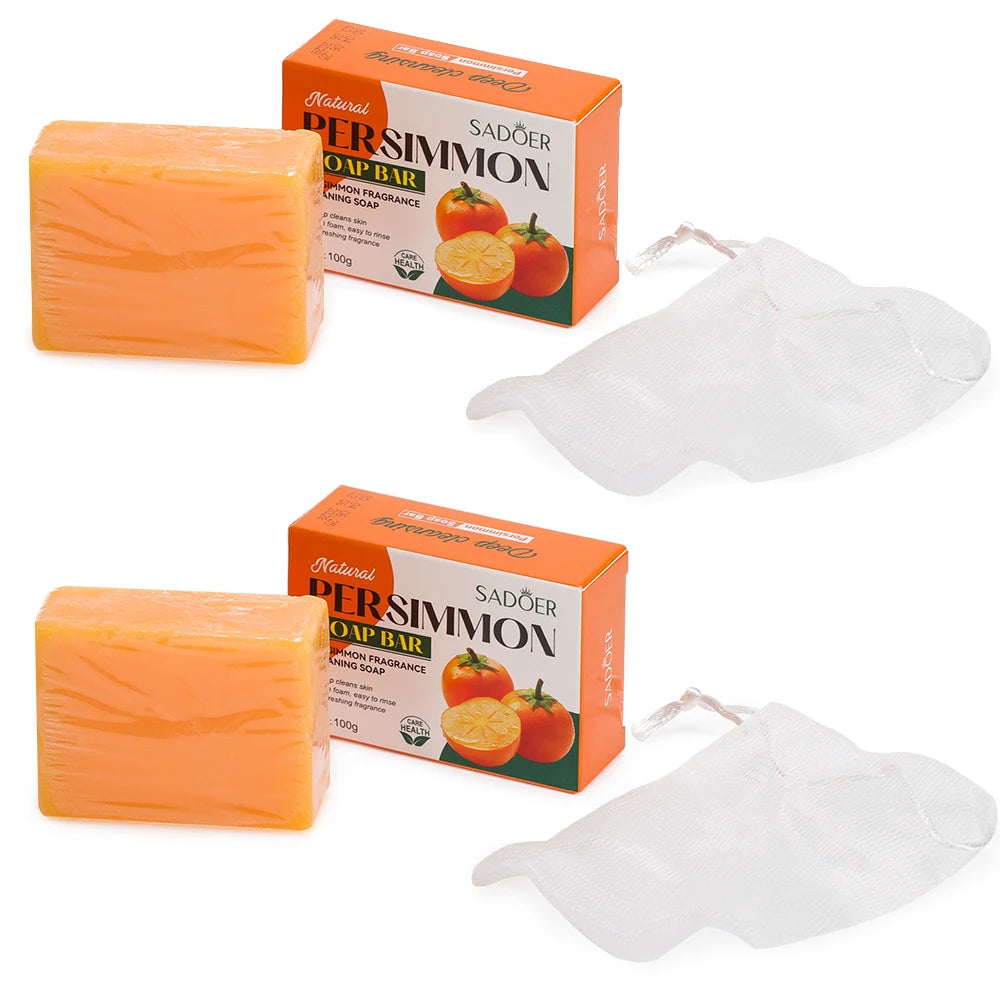 1/2PCS Persimmon Cleansing Soap Bar With Foaming Net Body Care Face Wash Exfoliating Whitening Soap Fruit Handmade Shower Soap