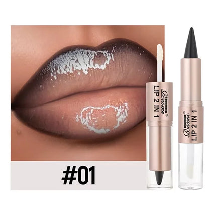 Blushimmer 2-in-1 lipstick and lip gloss with dual-end design, waterproof, long-lasting, moisturizing, glossy finish for plump lips.