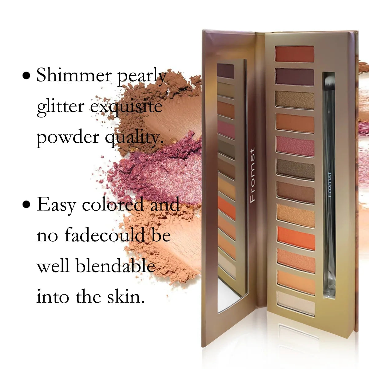Blushimmer 12-color eyeshadow palette with pearlescent shimmer shades, waterproof and 30g. Contains a variety of vibrant eye makeup colors.