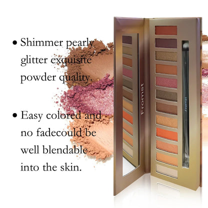 Blushimmer 12-color eyeshadow palette with pearlescent shimmer shades, waterproof and 30g. Contains a variety of vibrant eye makeup colors.