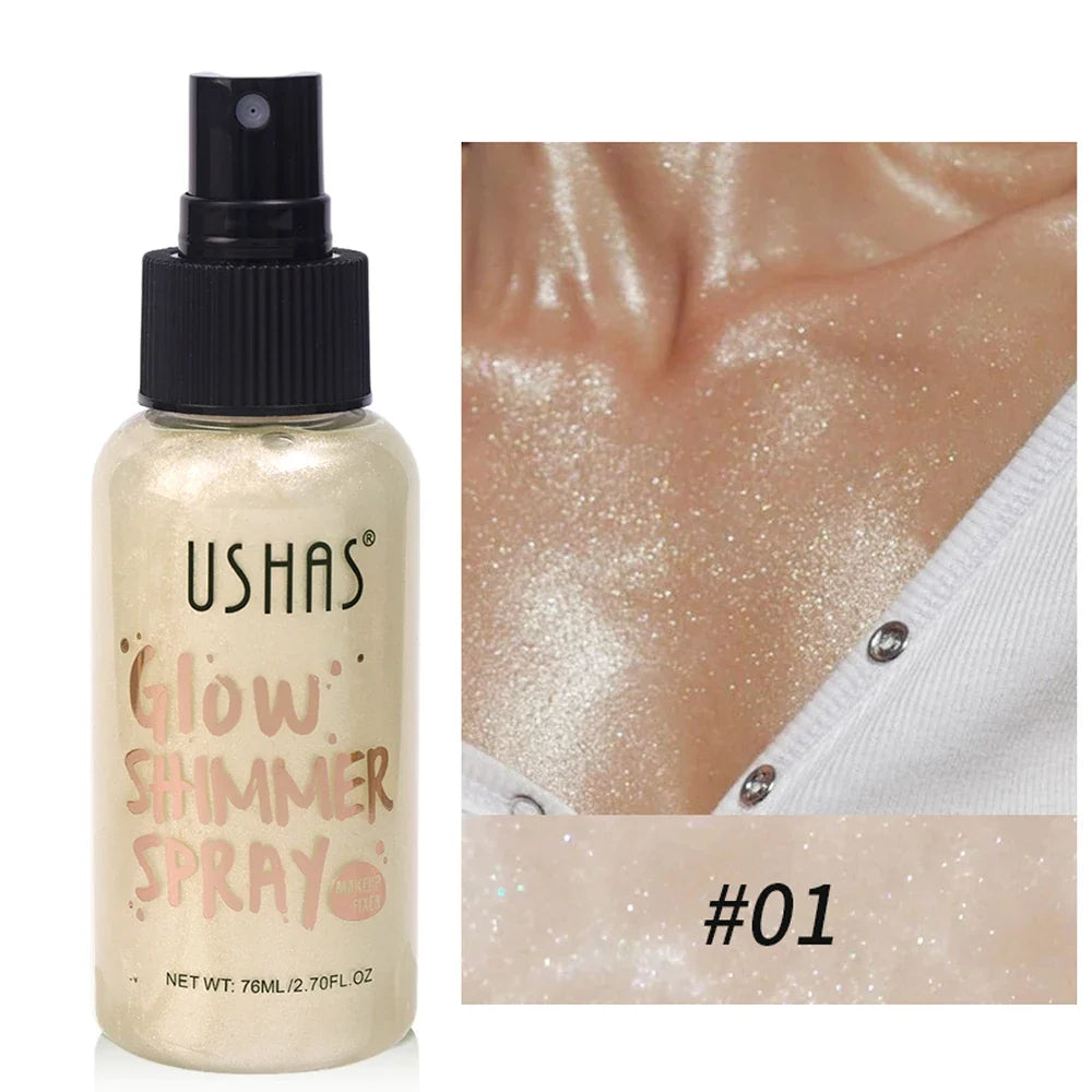Blushimmer liquid bronzer highlighter setting spray with illuminating shimmer for glowing, contoured, and brightened skin.