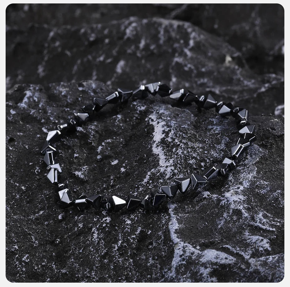 Vnox Stylish Black Triangle Beads Bracelets for Men Women, Stretch Unisex Gallstone Handmade Hematite Wristband Jewelry