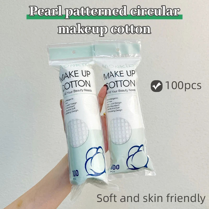 Set of 100 or 200 Blushimmer soft, breathable round cotton pads with double-sided texture for facial cleansing and makeup removal.