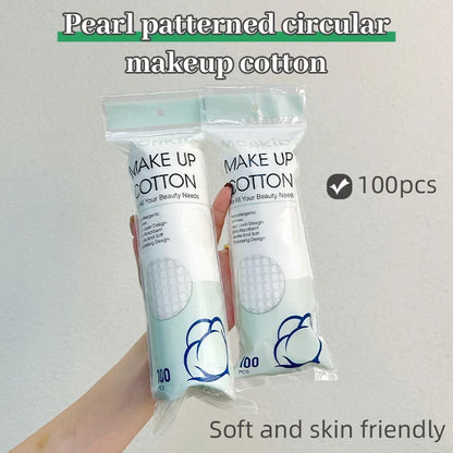 Set of 100 or 200 Blushimmer soft, breathable round cotton pads with double-sided texture for facial cleansing and makeup removal.