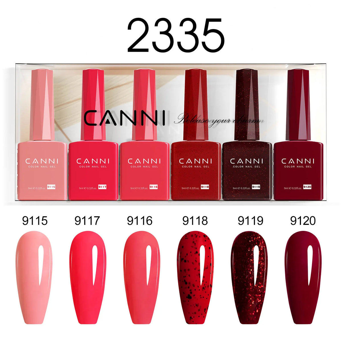 Blushimmer 6-piece 9ml CANNI nail gel polish kit with jade, nude, pink shades, HEMA-free, ideal for natural French nail designs.